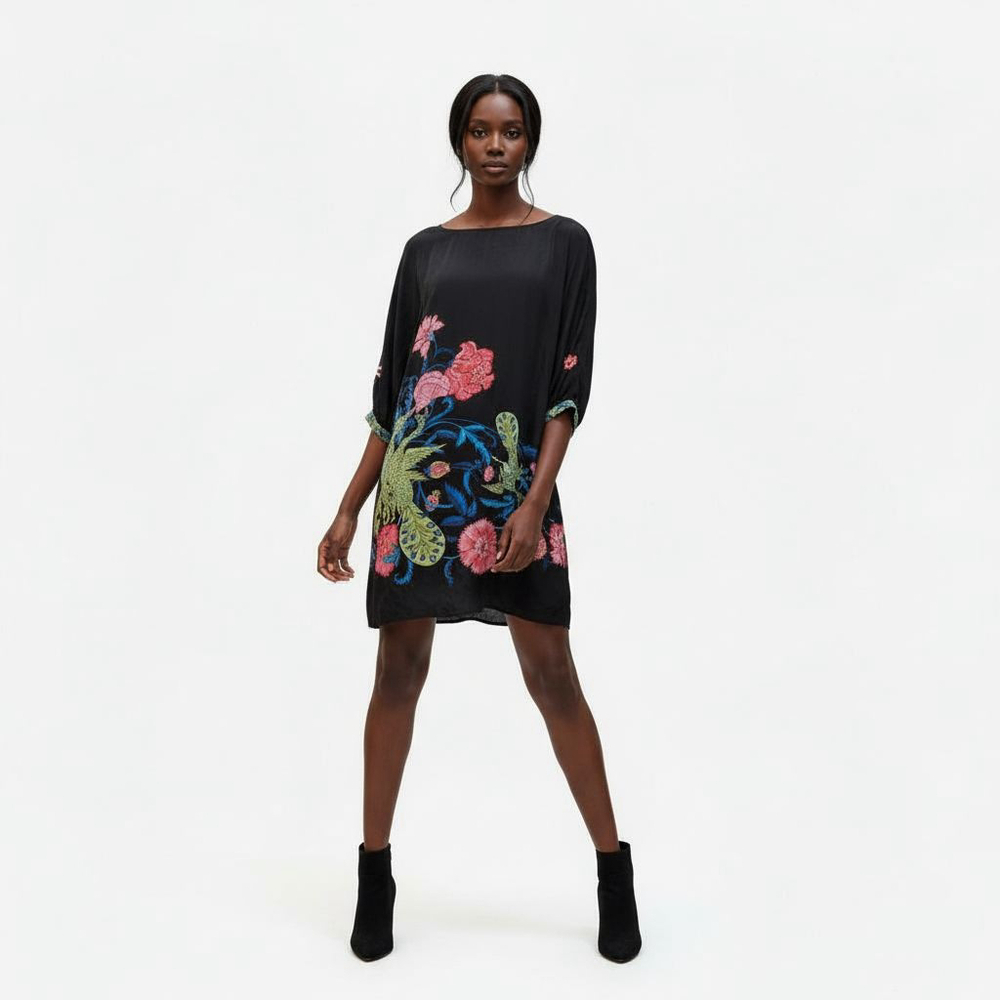Tibi Black Floral Peacock Silk Mini Dress - Size 10